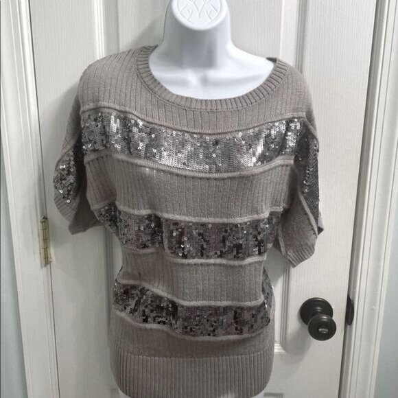 2B Bebe Sweaters - 2b Bebe Sweater Medium Silver Sequin Stripes Y2K Revival Quiet Luxury Soft Glam